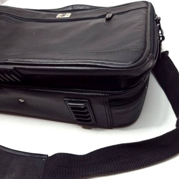 Port Black Leather Briefcase Messenger Bag Body Strap Luggage Travel Vintage - Picture 3 of 8